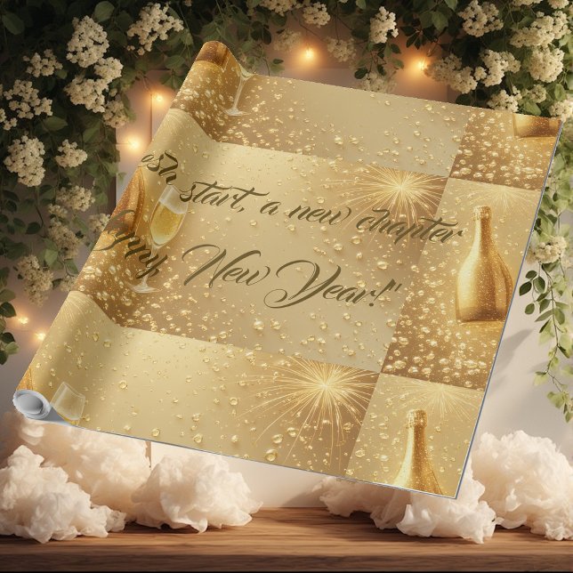 Papel De Presente Novo Começo Nova Capítulo Champanhe Dourado de Mei (Fresh Start New Chapter Midnight Gold Champagne Wrapping Paper)
