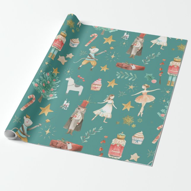 Papel De Presente Nozes de Natal de Nutcracker Green (Desenrolado)