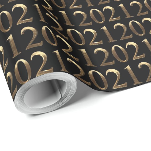 Papel De Presente Números de Ouro Faux Elegante 2021 Padrão Preto (Ponta do rolo)