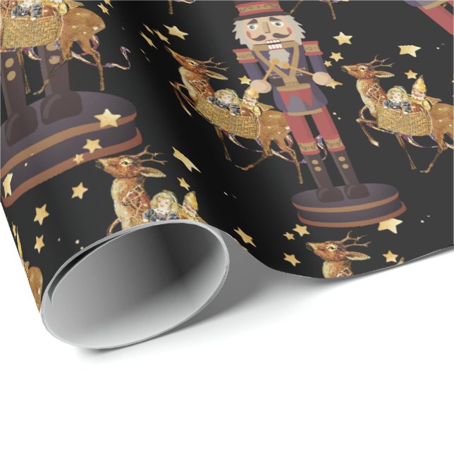 Papel De Presente Nutcracker Black Ouro Flocos de neve (Ponta do rolo)