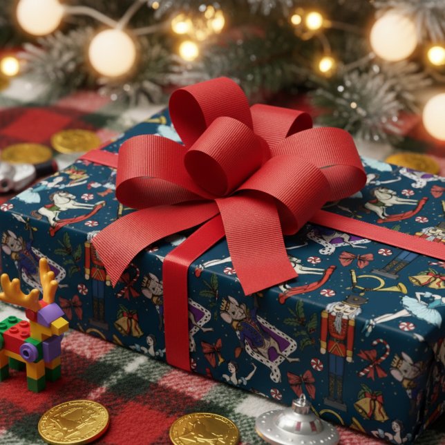 Papel De Presente Nutcracker Mouse King Ballerina Navy Blue Xmas (Elegant Nutcracker Ballet Wrapping Paper. Navy Blue Vintage Nutcracker Ballerina Mouse King Pattern)