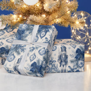 Papel De Presente Nutcracker Toile de Natal Azul Empoeirado Vintage