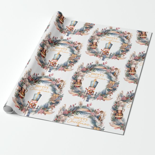 Papel De Presente Nutcracker Wreath Feliz Natal (Desenrolado)