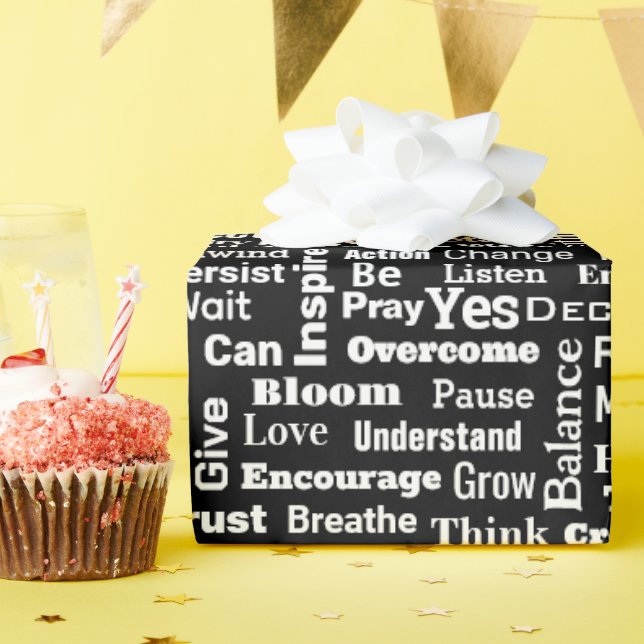 Papel De Presente Nuvem de Palavras Positiva em Preto (Festa de aniversário)