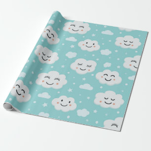 Papel De Presente Nuvens Brancas Sorridente Desenho Animado em Fundo