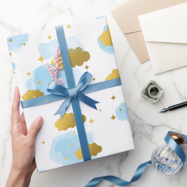 Papel De Presente Nuvens de Aquarela Azul Douradas Estrelas Céu (Presentear)