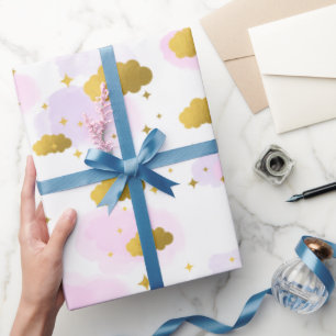 Papel De Presente Nuvens de Aquarela Rosa Douradas Estrelas Céu