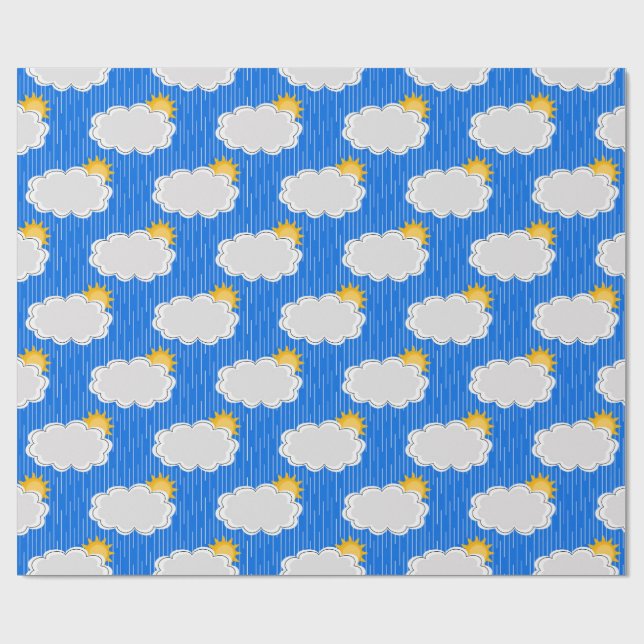 Papel De Presente Nuvens de sol em chuva Padrão Design Azul (Aberto)