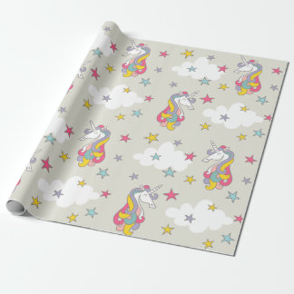 Papel De Presente Nuvens dos arcos-íris do unicórnio e estrelas