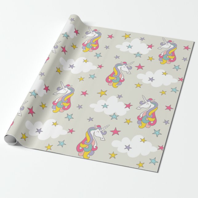 Papel De Presente Nuvens dos arcos-íris do unicórnio e estrelas (Desenrolado)