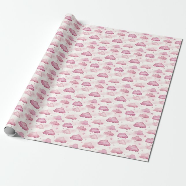 Papel De Presente Nuvens e estrelas cor-de-rosa sobre marfim (Desenrolado)