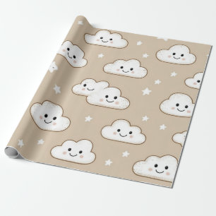 Papel De Presente Nuvens e Estrelas Sorridentes Kawaii em Bege