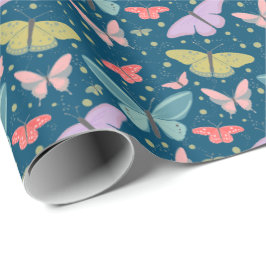 Papel De Presente Nuvens Pintadas de Borboletas Azul Escuro