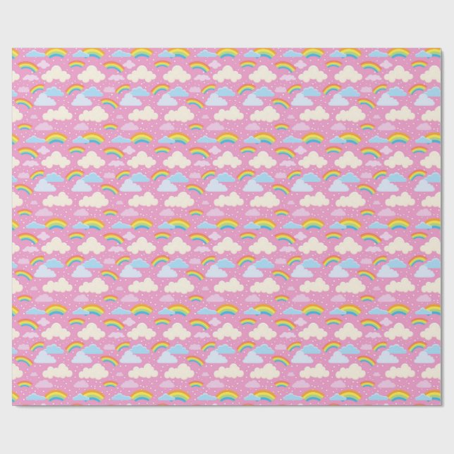 Papel De Presente Nuvens rosadas coloridas e arco-íris (Aberto)