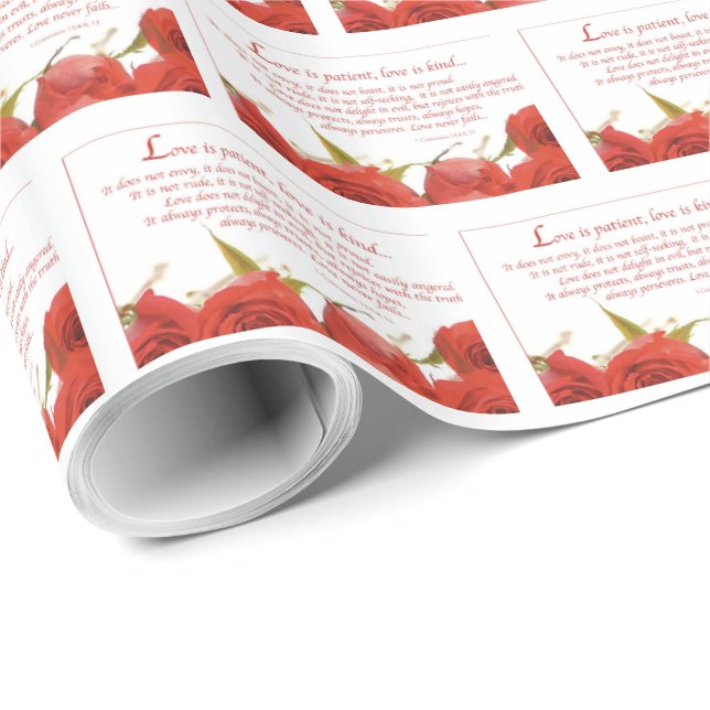 Papel De Presente O Amor é Paciente Rosa Vermelha (Ponta do rolo)