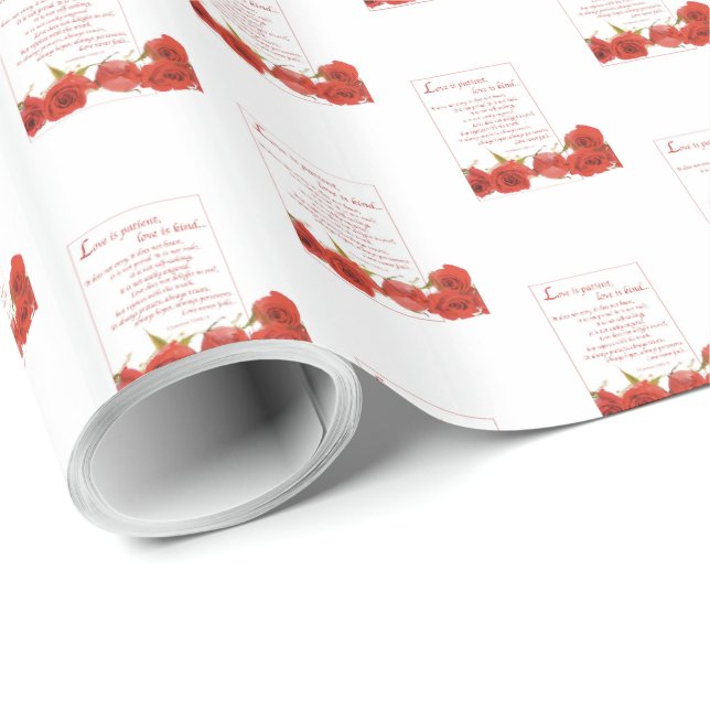 Papel De Presente O Amor é Paciente Rosa Vermelha (Ponta do rolo)
