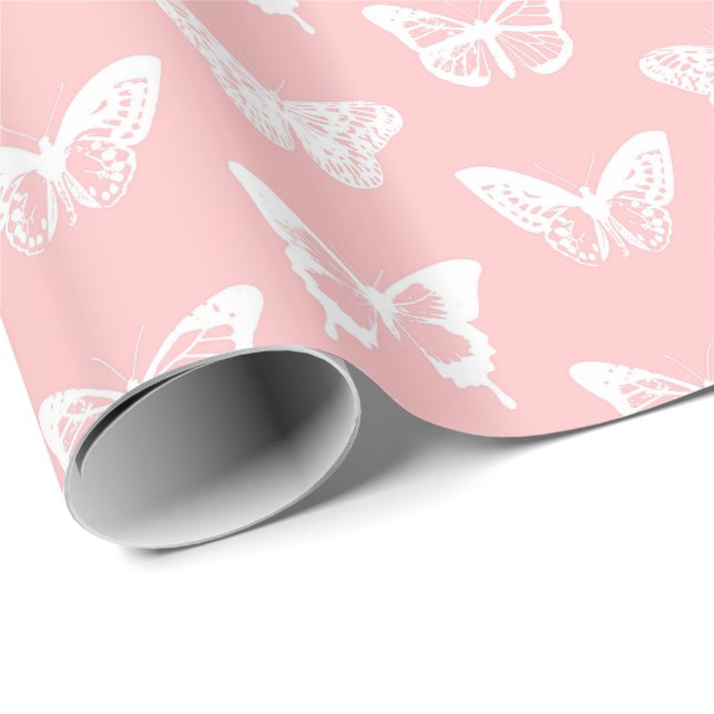 Papel De Presente O esboço da borboleta, descasca o rosa e o branco (Ponta do rolo)