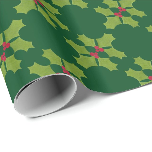 Papel De Presente O galho de Natal Holly é verde-escuro (Ponta do rolo)