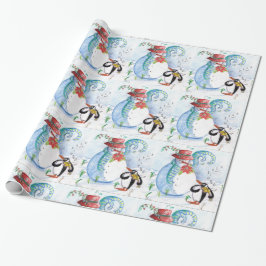 PAPEL DE PRESENTE O INVERNO DE SERENADE DO CUTE SNOWMAN E PENGUIN
