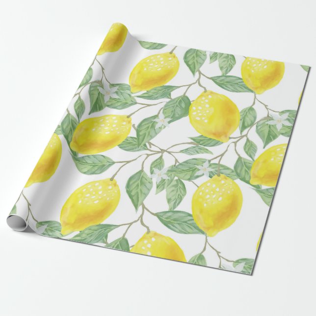 Papel De Presente O limão amarelo deixa o padrão verde (Desenrolado)
