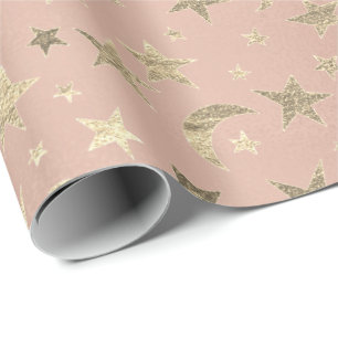 Papel De Presente O ouro elegante Stars o rosa cor-de-rosa