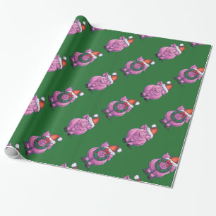 Papel De Presente O Porco de Feriado em Santa Hat, em Verde