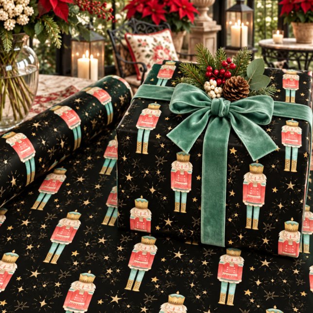 Papel De Presente O Quebra-Nozes de Natal Noite Estrelada Dourada (Criador carregado)