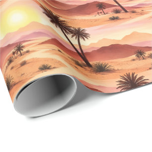 Papel De Presente Oásis Desértico Iluminado pelo Sol em Padrão de Aq