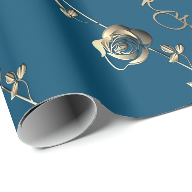 Papel De Presente "Obrigado" Rosa 3D Silvery no Ocean Blue (Ponta do rolo)
