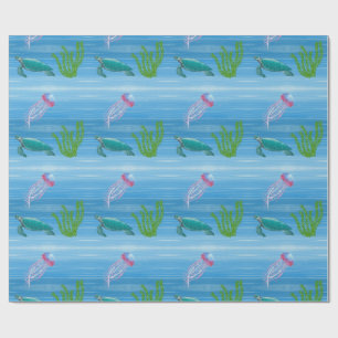 Papel De Presente Oceano com Tartaruga e Água-Viva