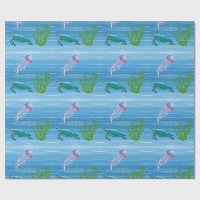 Papel De Presente Oceano com Tartaruga e Água-Viva (Aberto)