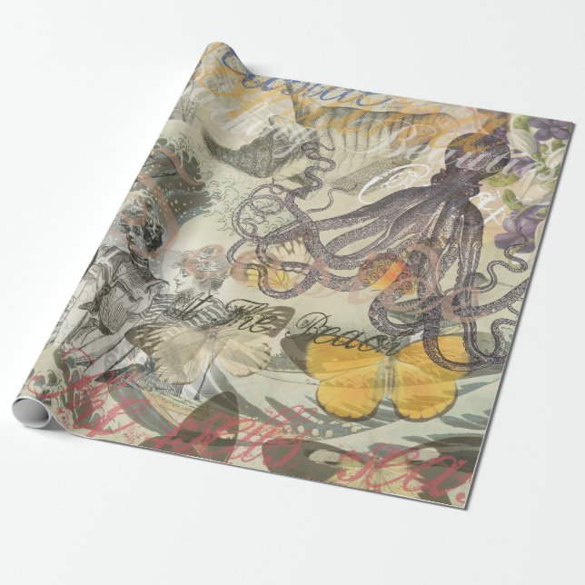 Papel De Presente Octopus Beach Antique Coastal Steampunk (Desenrolado)