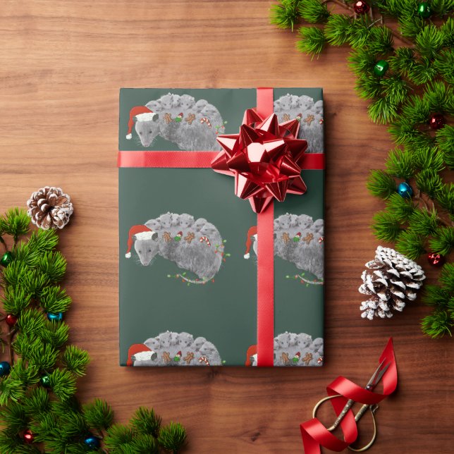 Papel De Presente Ogambá Christmas Baby Possum Embalado em Luzes (Presente de Natal)
