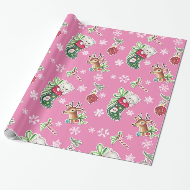 Papel De Presente Olá Kitten Christmas Wrappaper em rosa (Desenrolado)