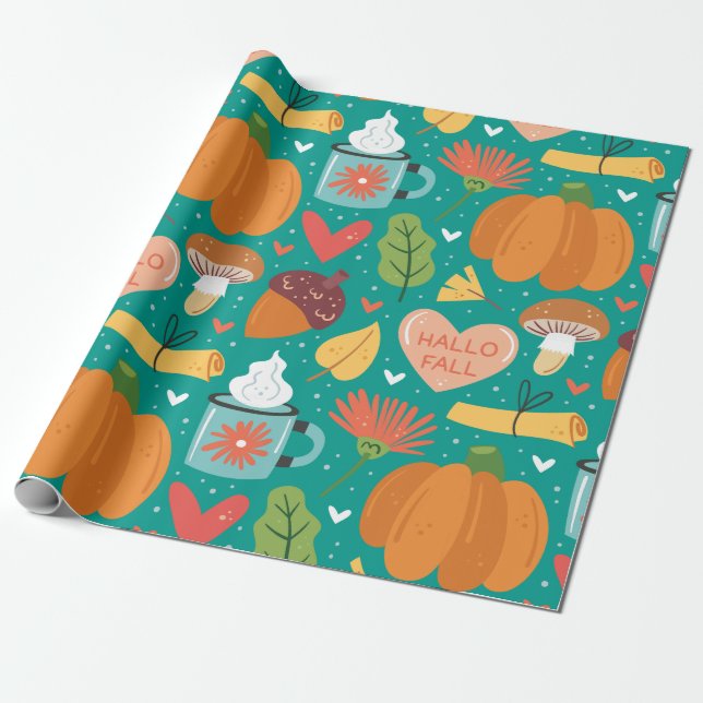 Papel De Presente Olá, Queda Padrão de natureza Adorável Pumpkins Bl (Desenrolado)