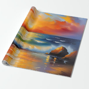 Papel De Presente Óleo Pintura do pôr do sol laranja sobre o oceano