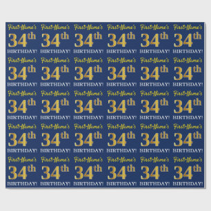 Papel De Presente Olhar Dourado azul, de imitação "34o ANIVERSÁRI