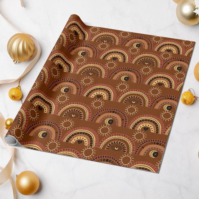 Papel De Presente Olho Místico Boho Arco-íris Fundo Marrom  (Criador carregado)