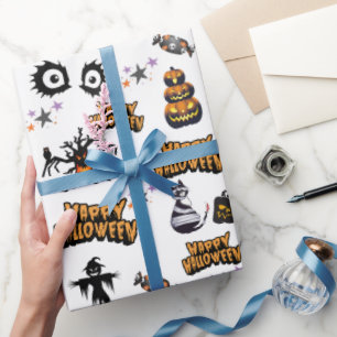 Papel De Presente Olhos Assustados Brancos de Halloween Pumpkin Gato