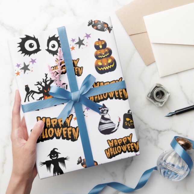 Papel De Presente Olhos Assustados Brancos de Halloween Pumpkin Gato (Presentear)