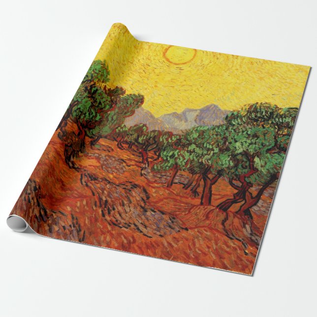 Papel De Presente Oliveiras de Van Gogh com Céu Amarelo e Sol (Desenrolado)