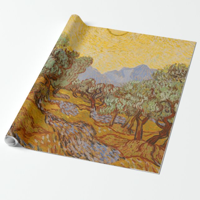 Papel De Presente Oliveiras de Van Gogh Sol Amarelo Céu (Desenrolado)