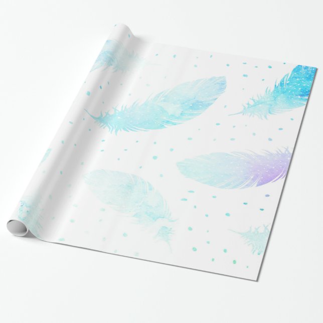Papel De Presente *~* Ombre Turquesa Azul Penas de Magenta em Branco (Desenrolado)