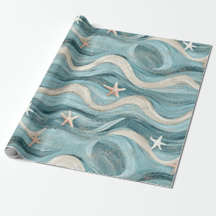Papel De Presente Onda Azul Costeira Creme Estrela-do-Mar