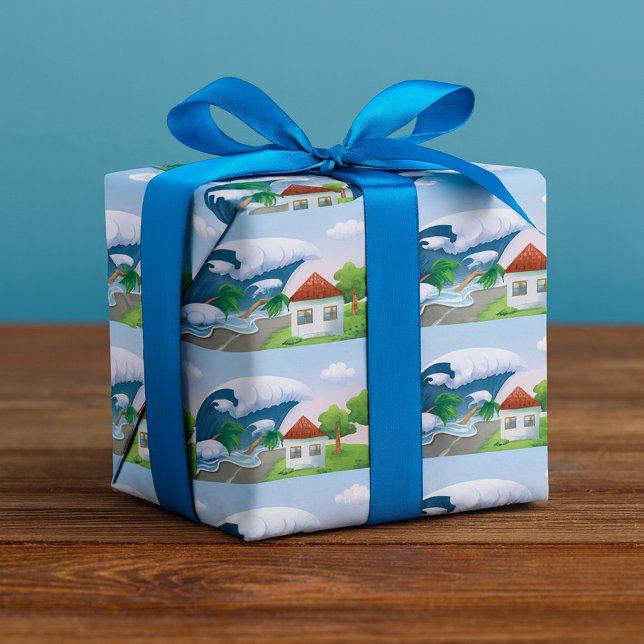 Papel De Presente Onda de Tsunami Atingindo Estrada Costeira Tempest (Criador carregado)
