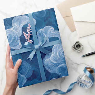 Papel De Presente Onda do Oceano Azul Profundo Névoa Branca Padrão A