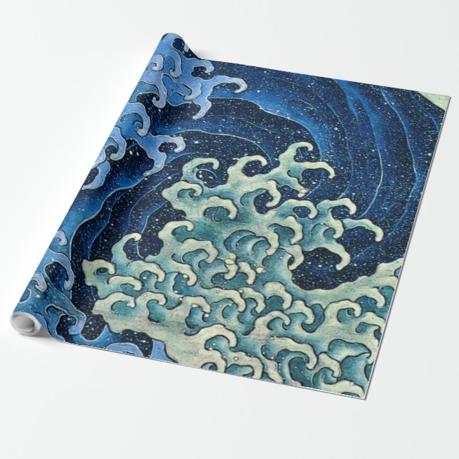 Papel De Presente Onda Feminina Hokusai Vintage Oceano  (Desenrolado)