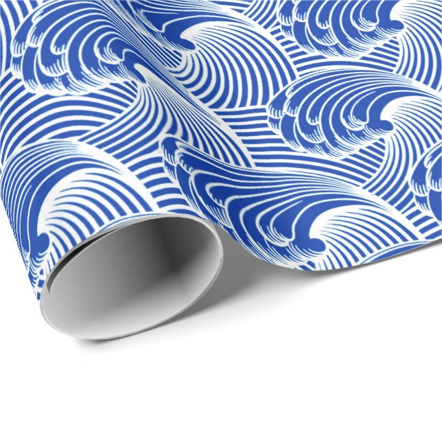 Papel De Presente Ondas, azuis cobaltos e branco japoneses do (Ponta do rolo)