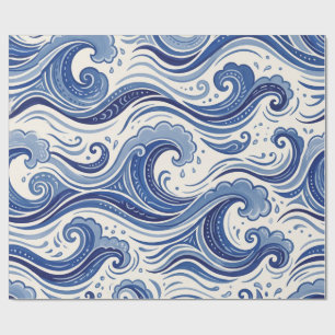 Papel De Presente Ondas Azuis do Oceano Padrão Náutico Costeiro