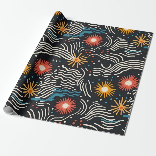 Papel De Presente Ondas Florais de Abstrato vibrantes em preto (Desenrolado)